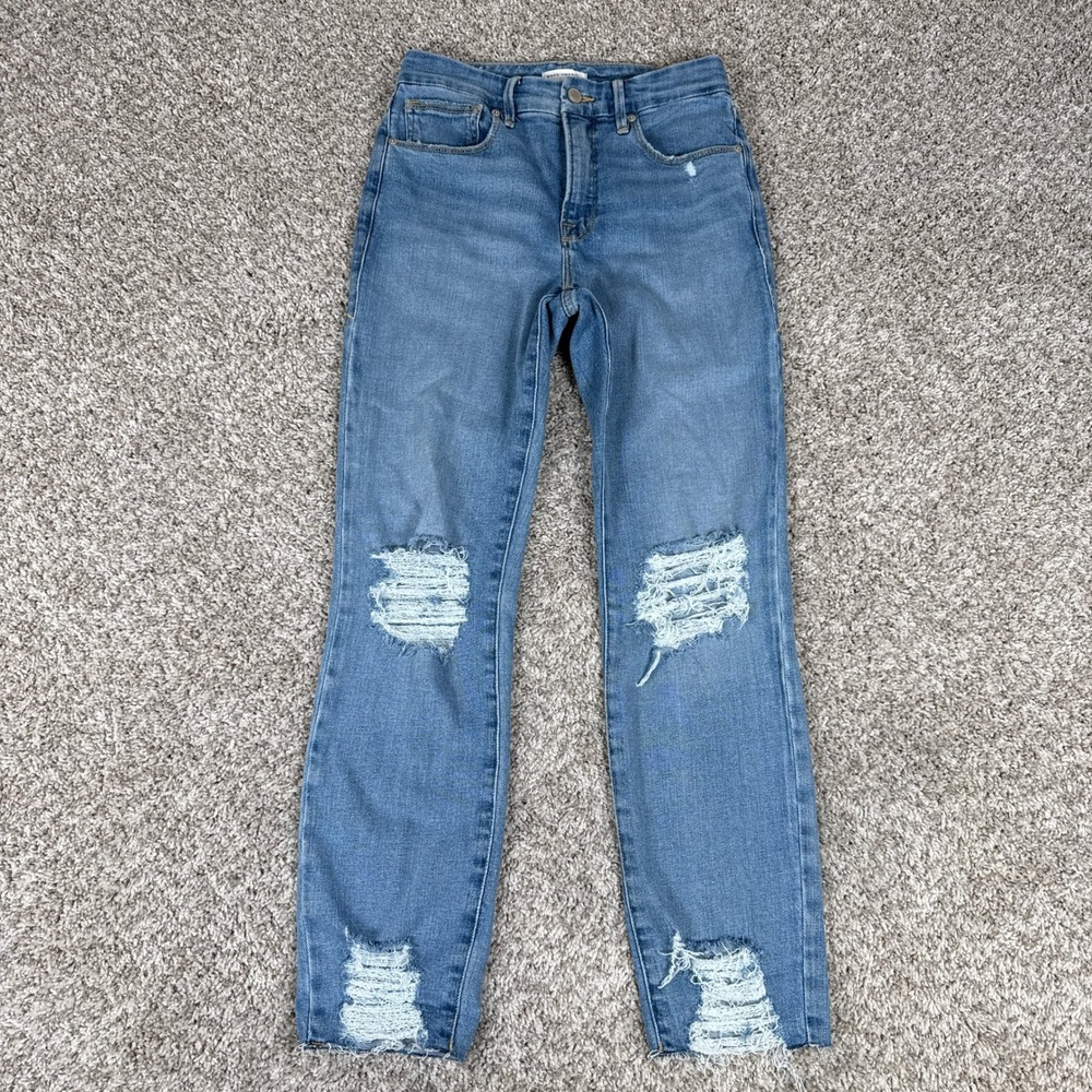Good American Jeans Womens 4/27 Blue Straight Leg Distressed Raw Hem GC802T 1334